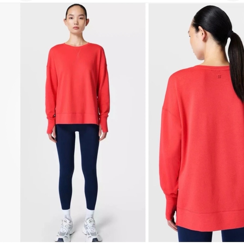 Sweaty Betty Sz L After Class Sweatshirt Tulip Red Thumbholes Organic Cotton